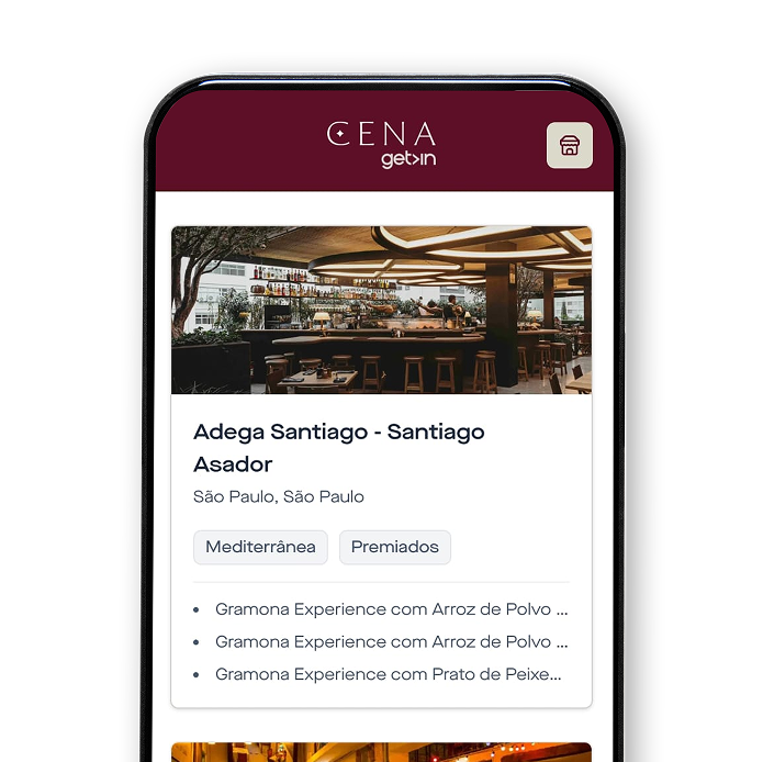 Interface da Cena exibindo restaurante parceiro e experiências gastronômicas disponíveis para público qualificado.